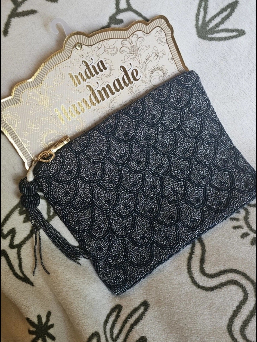 Handmade Blue Beaded Clutch with Tassel Accent